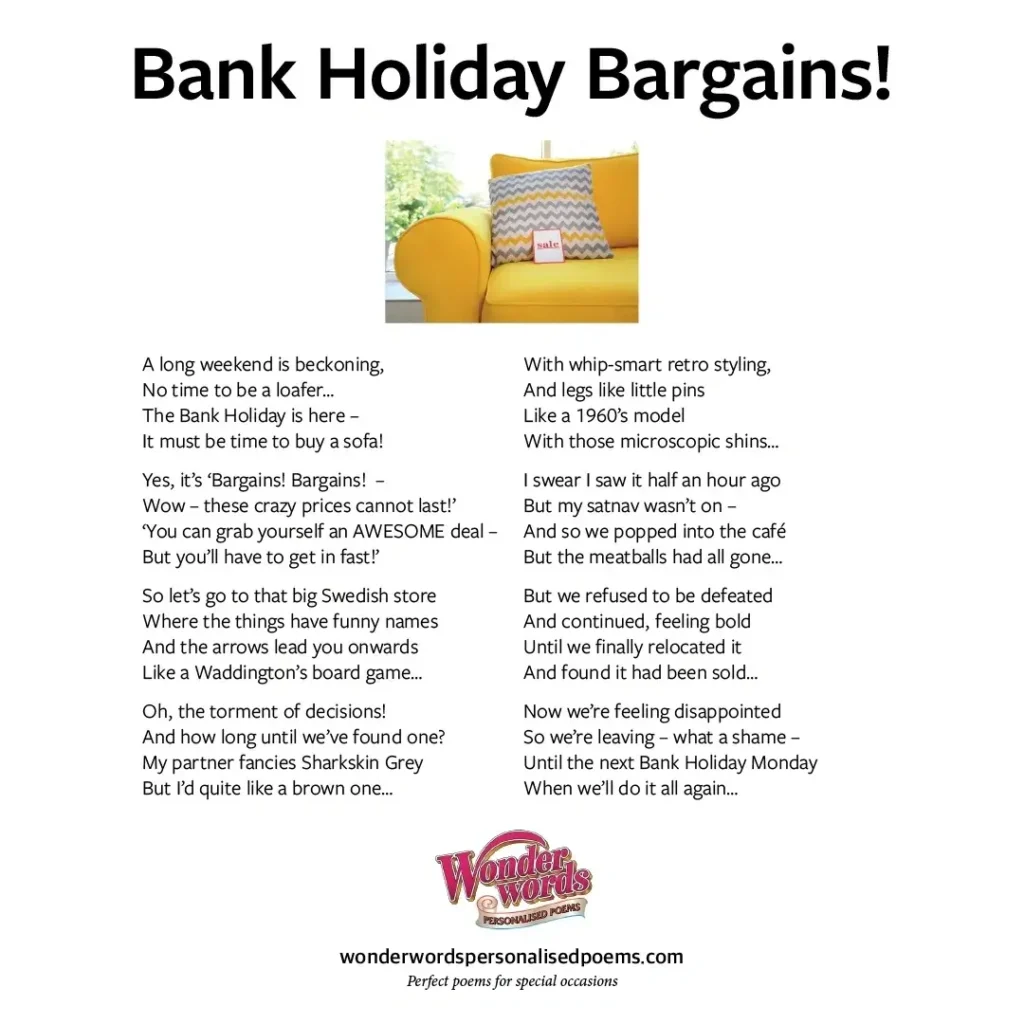 Bank Holiday Bargains Poem by Wonderwords Personalised Poems