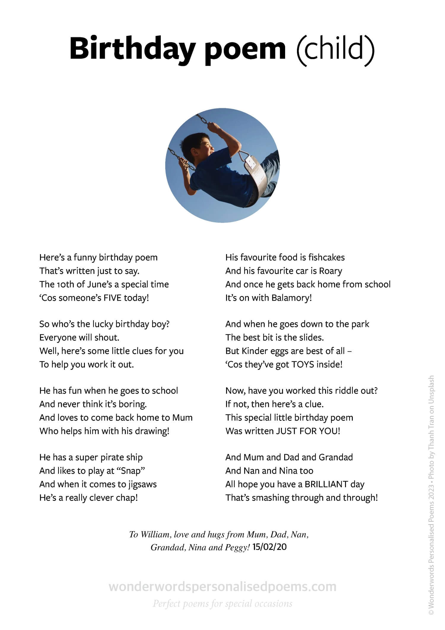 A sample child's birthday poem from Wonderwords Personalised Poems