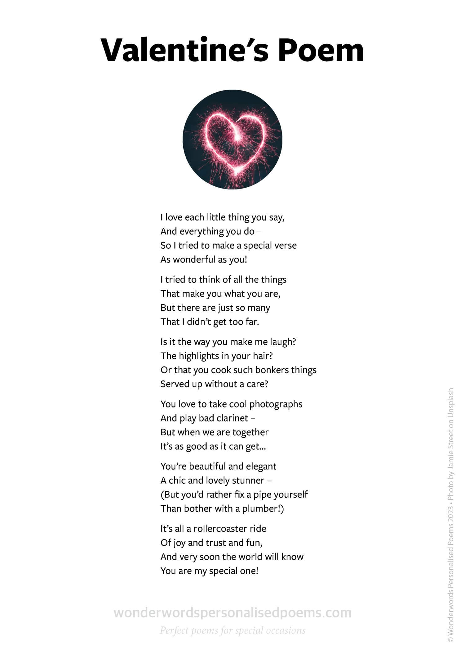 A sample Valentine's poem from Wonderwords Personalised Poems