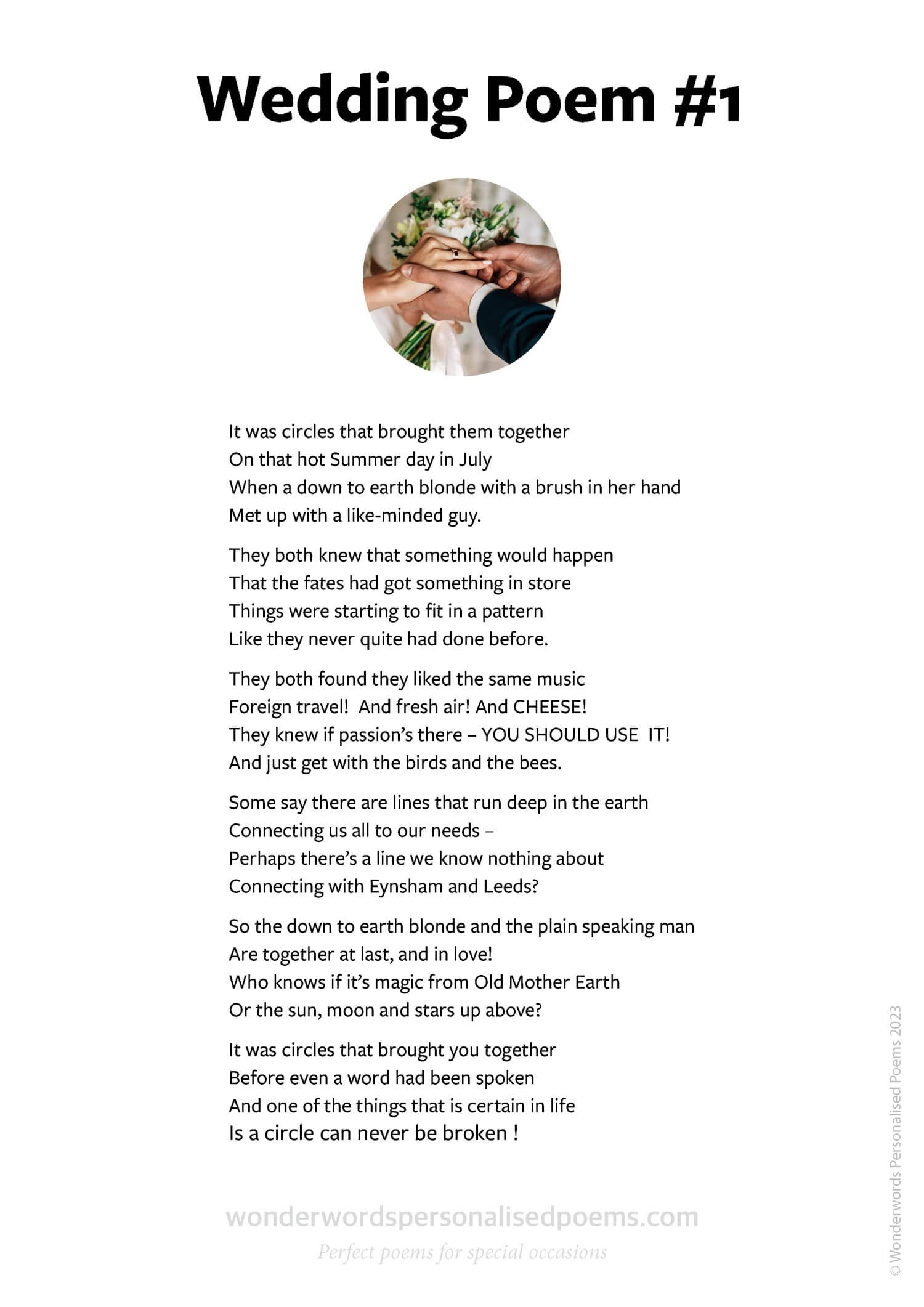 A sample wedding poem from Wonderwords Personalised Poems