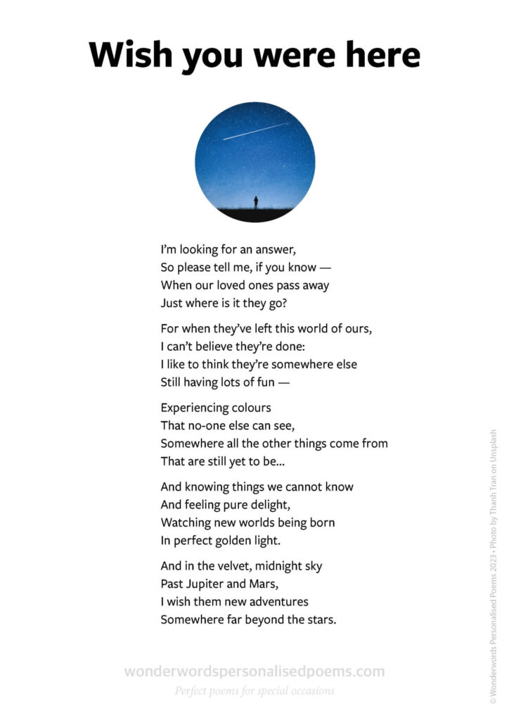 "Wish you were here" - a sample poem from Wonderwords Personalised Poems